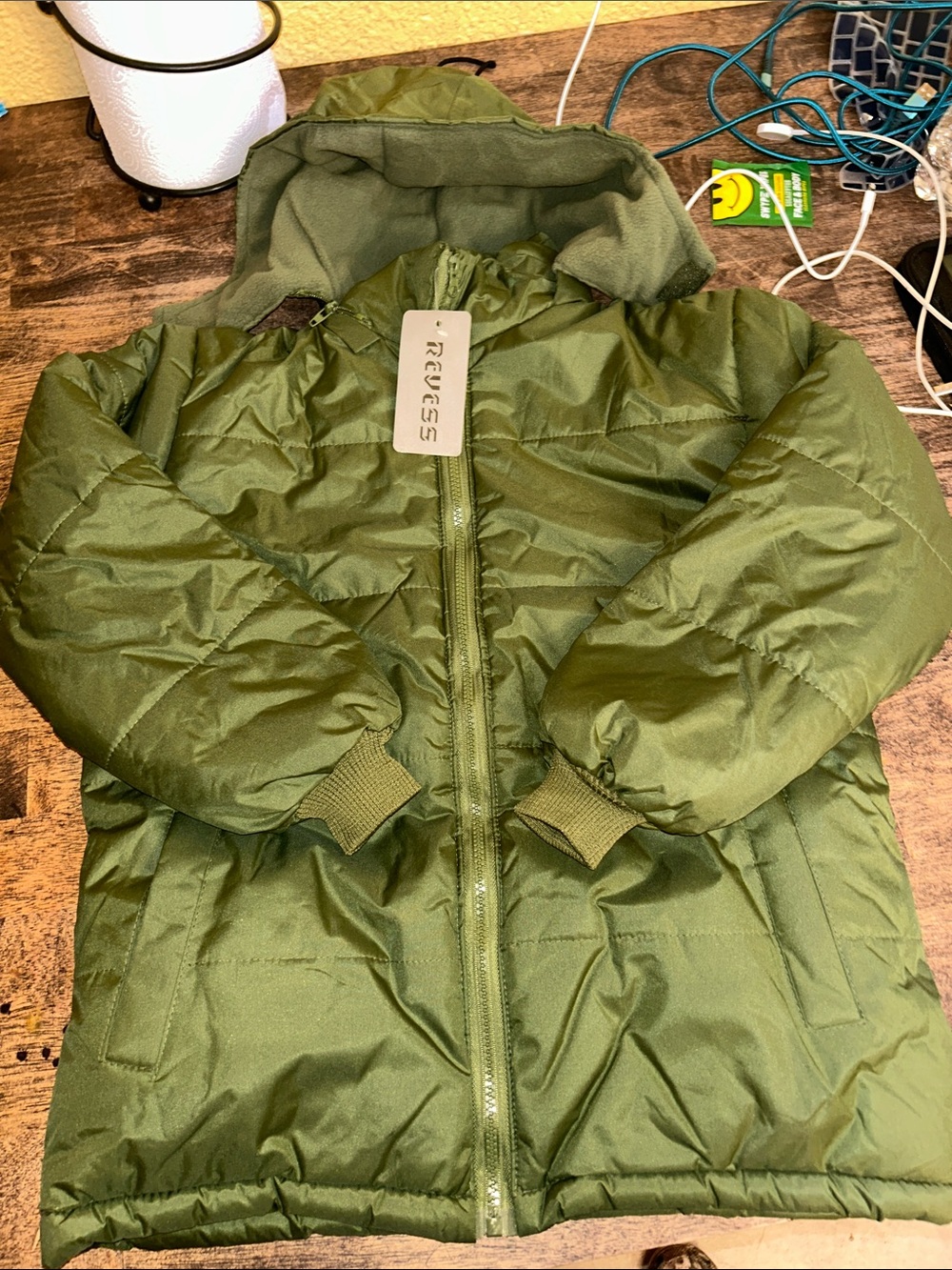 Reverse Olive Green Kids Puffer Jacket with Hood